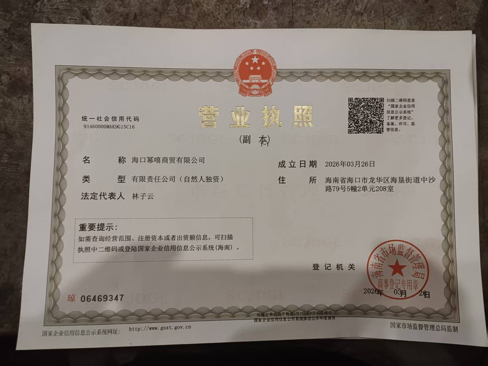 海口幂嘻商贸有限公司营业执照