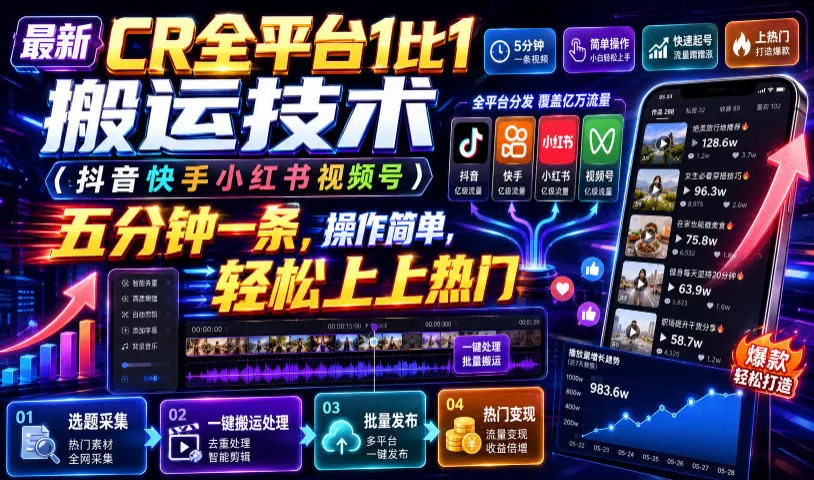 最新CR全平台1比1搬运技术(抖音快手小红书视频号)五分钟分钟一条，操作简单，轻松上热门(教程+软件+参数)-聚码资源