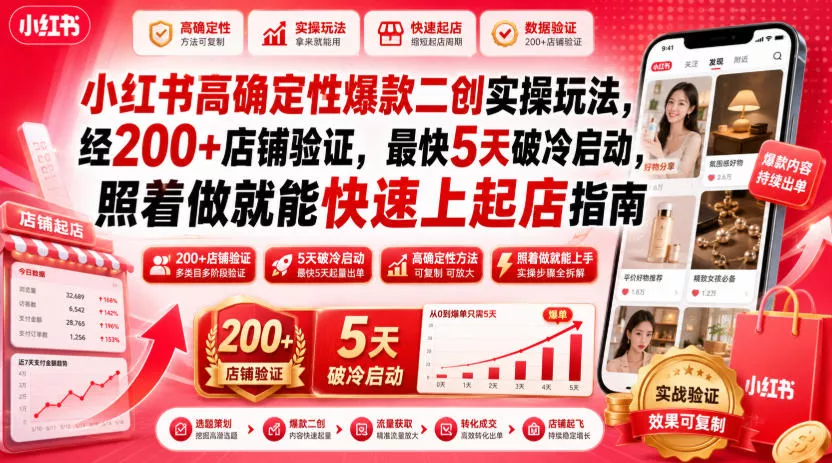 小红书高确定性爆款二创实操玩法，经200+店铺验证，最快5天破冷启动，照着做就能快速上起店指南-聚码资源
