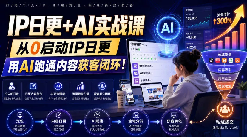 IP日更+AI实战课，从0启动IP日更，IP置顶视频制作+100条选题库搭建+10条日更规划，用AI跑通内容获客闭环!-聚码资源