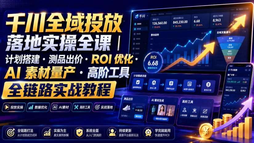 千川全域投放落地实操全课｜计划搭建・测品出价・ROI优化・AI素材量产・高阶工具全链路实战教程-聚码资源
