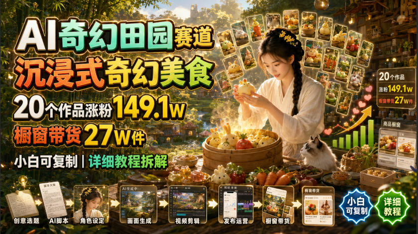 AI奇幻田园赛道，沉浸式奇幻美食，20个作品涨粉149.1W，橱窗带货27W件，小白可复制，详细教程拆解-聚码资源