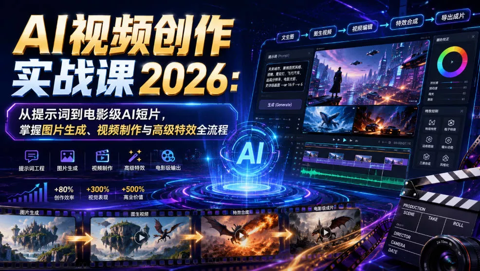 AI视频创作实战课2026：从提示词到电影级AI短片，掌握图片生成、视频制作与高级特效全流程-聚码资源