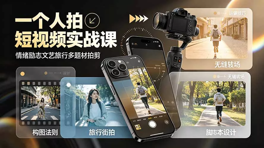 一个人拍短视频实战课：情绪励志文艺旅行多题材×五大景别×黄金构图×八大运镜，从拍摄到成片高效创作-聚码资源