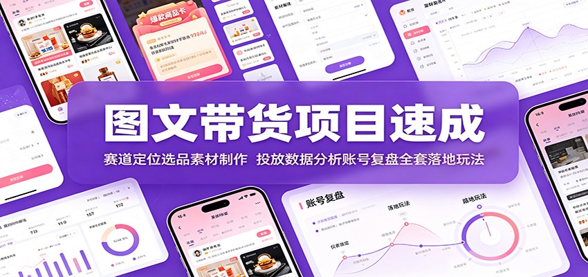 图文带货项目速成：赛道定位选品素材制作，投放数据分析账号复盘全套落地玩法-聚码资源