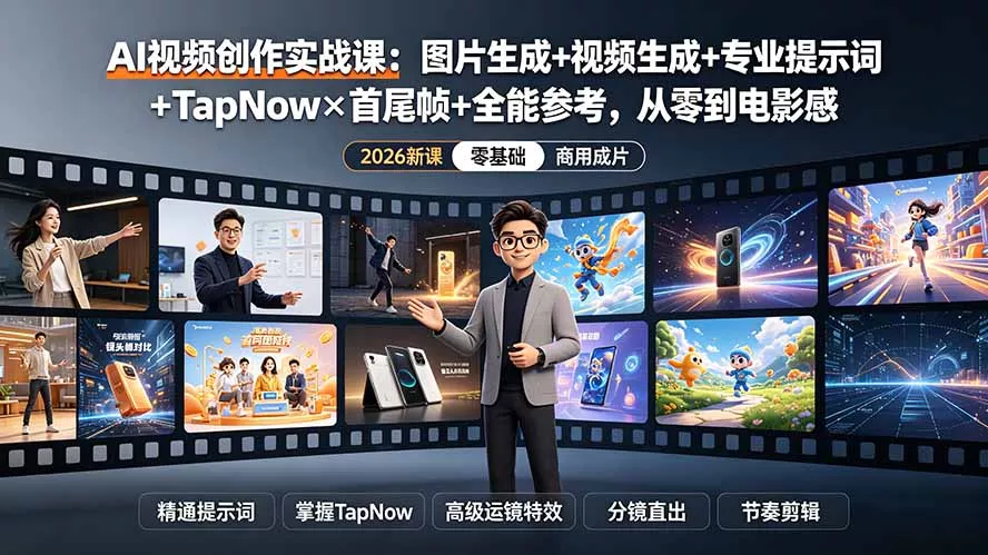 AI视频创作实战课:图片生成+视频生成+专业提示词+TapNow×首尾帧+全能参考,从零到电影感成片-聚码资源