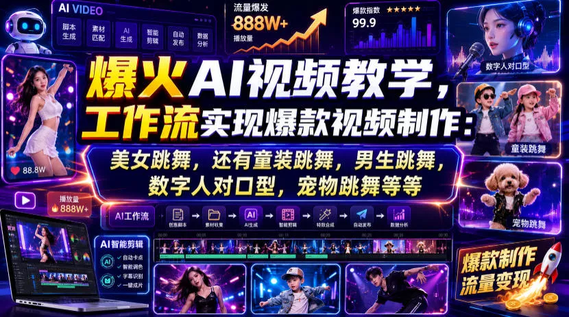 爆火AI视频教学，工作流实现爆款视频制作：美女跳舞，还有童装跳舞，男生跳舞，数字人对口型，宠物跳舞等等-聚码资源