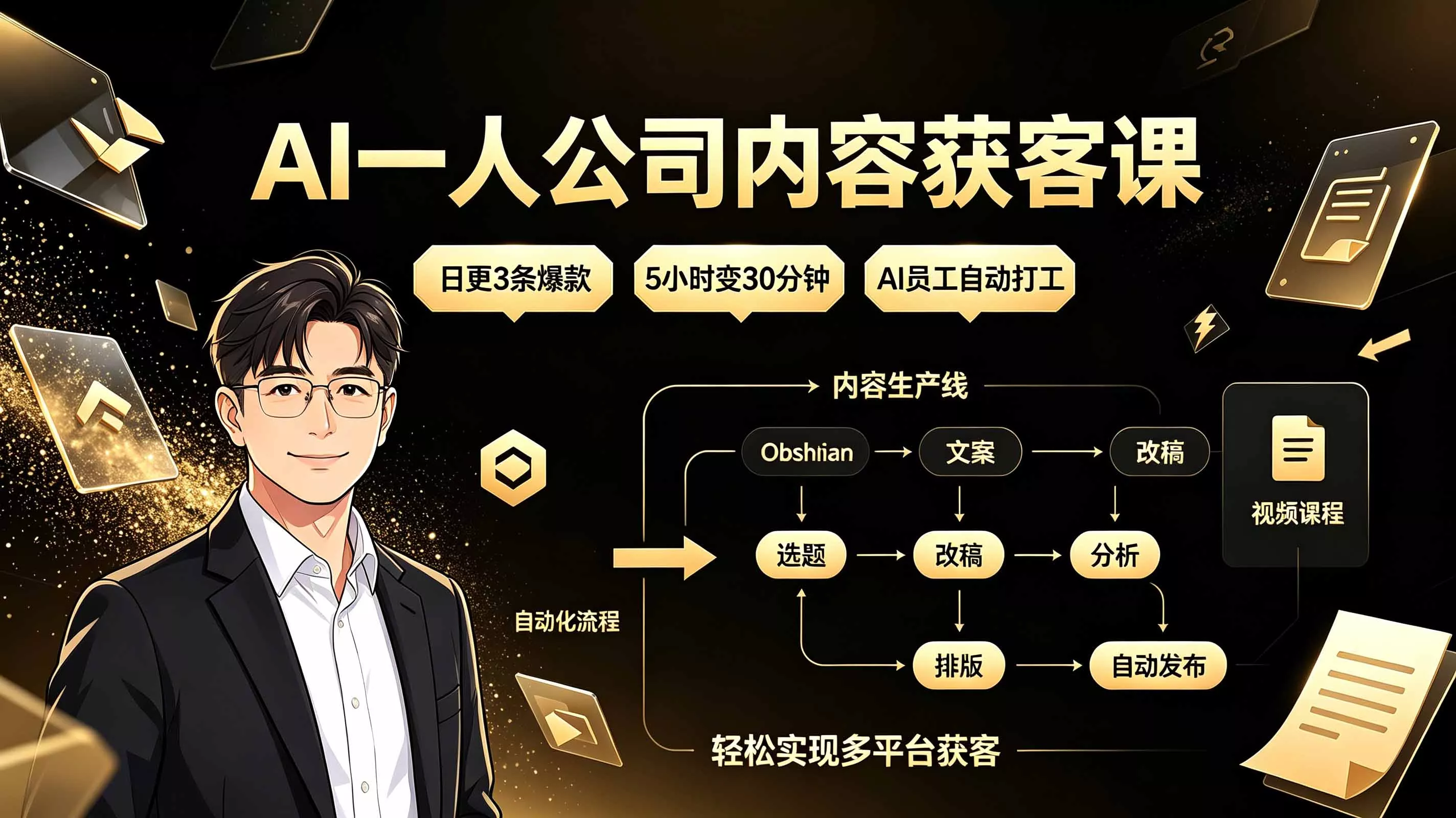 AI一人公司内容获客课：日更3条爆款×5小时变30分钟×AI员工自动打工，轻松实现多平台获客-聚码资源