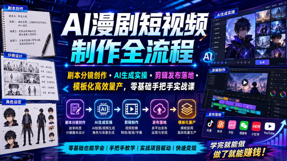 AI漫剧短视频制作全流程｜剧本分镜创作・AI生成实操・剪辑发布落地・模板化高效量产，零基础手把手实战课-聚码资源