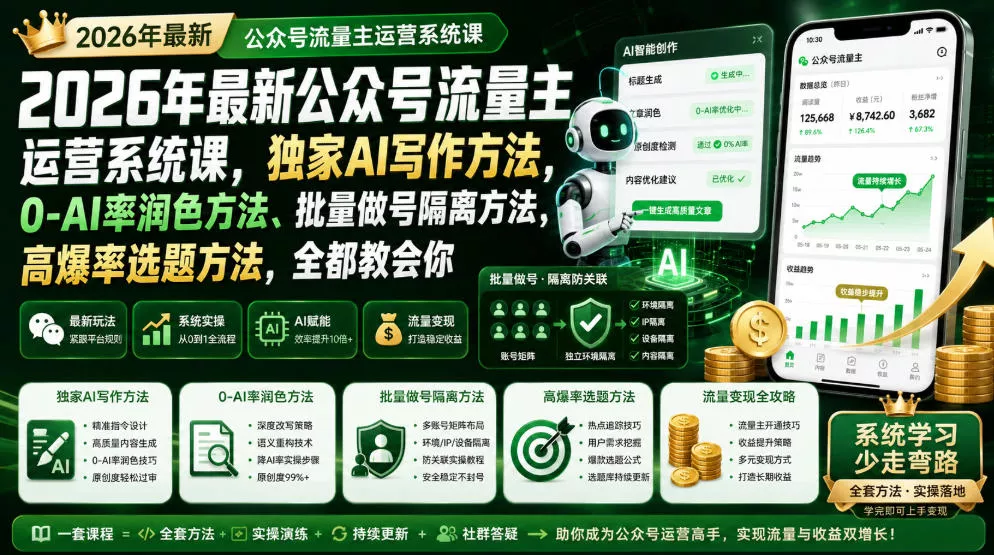 2026年最新公众号流量主运营系统课，独家AI写作方法，0-AI率润色方法、批量做号隔离方法、高爆率选题方法，全都教会你-聚码资源