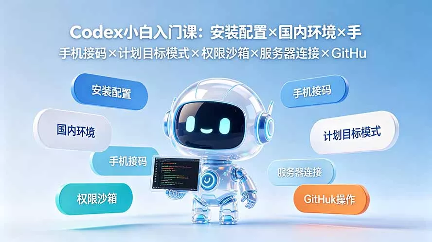 Codex小白入门课：安装配置×国内环境×手机接码×计划目标模式×权限沙箱×服务器连接×GitHub操作-聚码资源