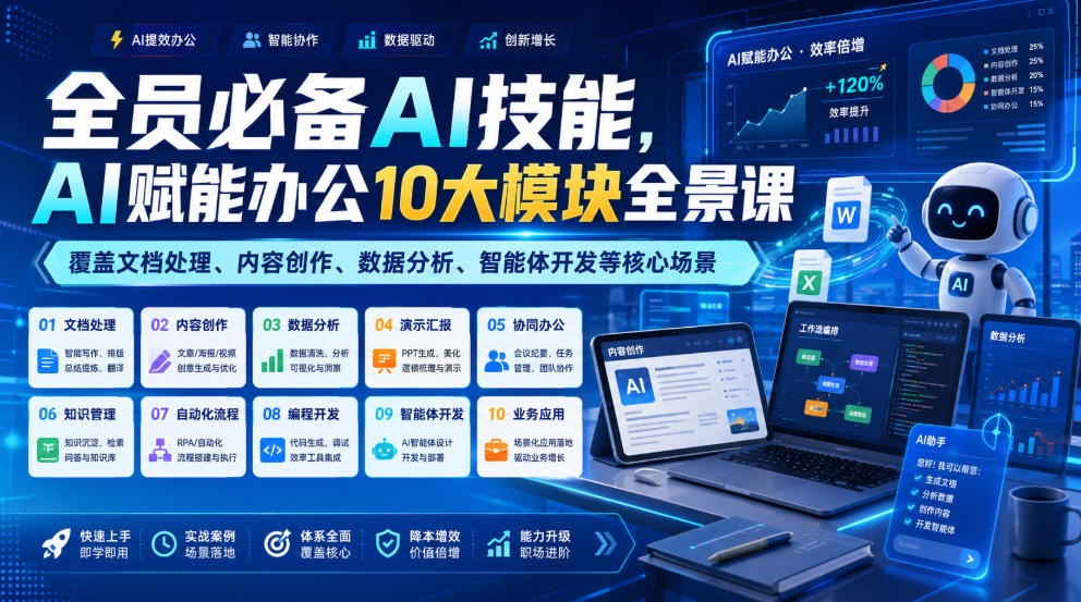 全员必备AI技能，AI赋能办公10大模块全景课，覆盖文档处理、内容创作、数据分析、智能体开发等核心场景-聚码资源