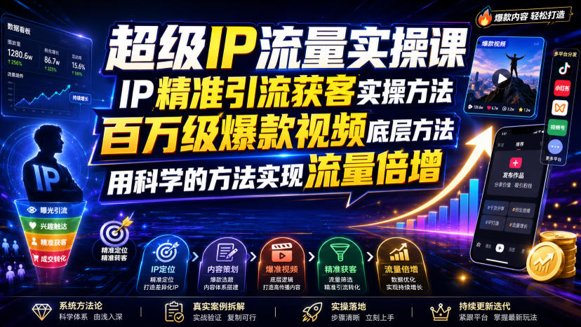 超级IP流量实操课，IP精准引流获客实操方法，百万级爆款视频底层方法，用科学的方法实现流量倍增-聚码资源