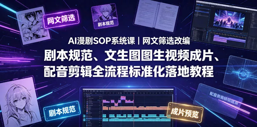 AI漫剧SOP系统课｜网文筛选改编、剧本规范、文生图图生视频成片、配音剪辑全流程标准化落地教程(更新)-聚码资源