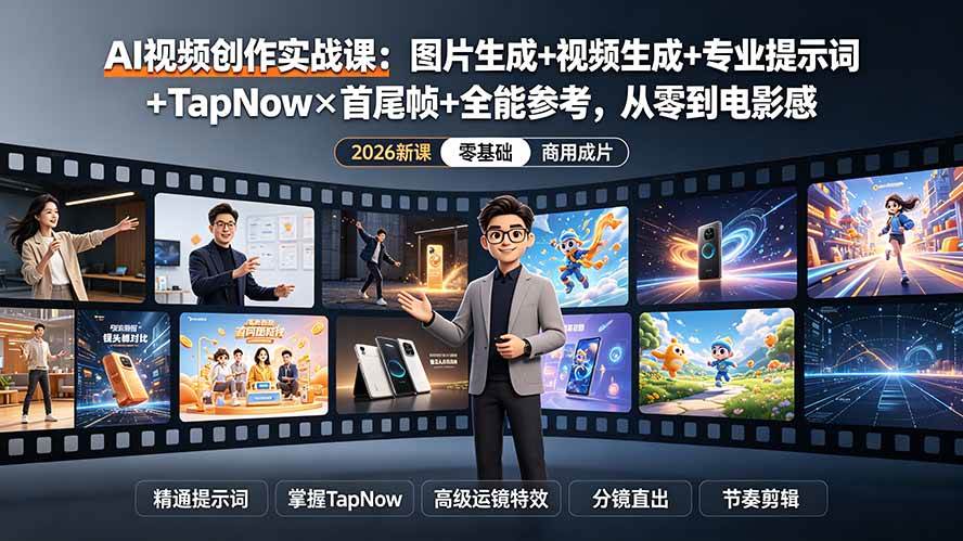 （19383期）AI视频创作实战课：图片生成+视频生成+专业提示词+TapNow×首尾帧+全能参考，从零到电影感成片-聚码资源