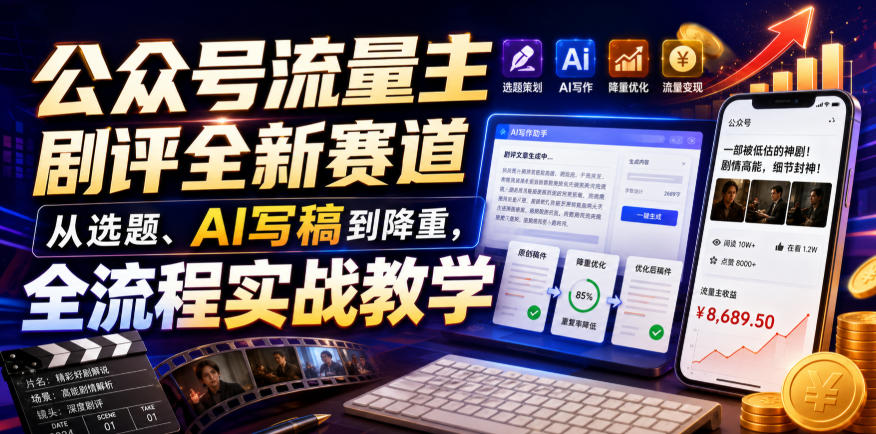 公众号流量主剧评全新赛道，从选题、AI写稿到降重，全流程实战教学-聚码资源