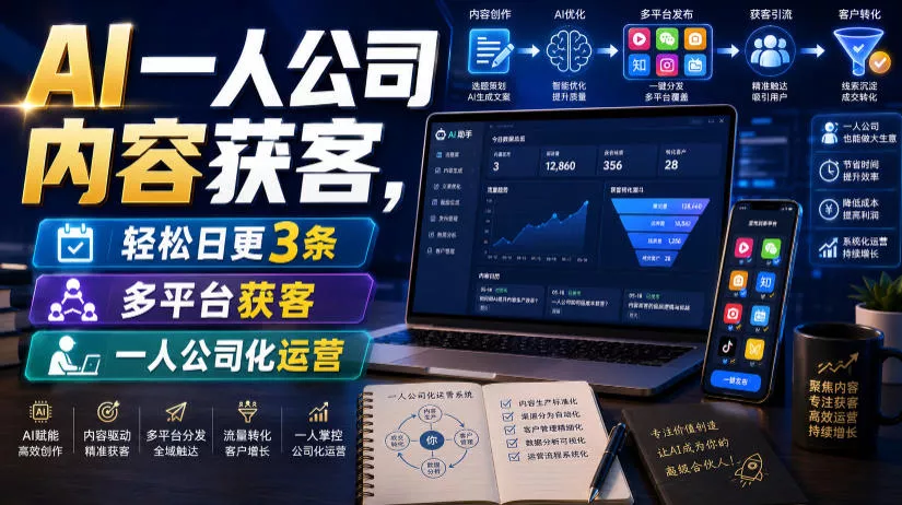 AI一人公司内容获客，轻松日更3条，多平台获客，一人公司化运营-聚码资源