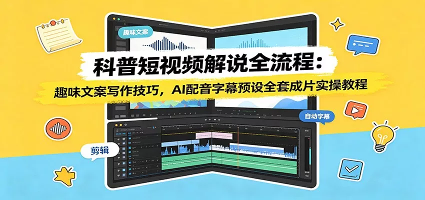 科普短视频解说全流程：趣味文案写作技巧，AI配音字幕预设全套成片实操教程-聚码资源