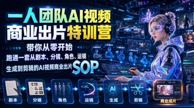 一人团队AI视频商业出片实战课：带你从零开始跑通一套从剧本、分镜、角色、运镜、生成到剪辑的AI视频商业出片SOP-聚码资源
