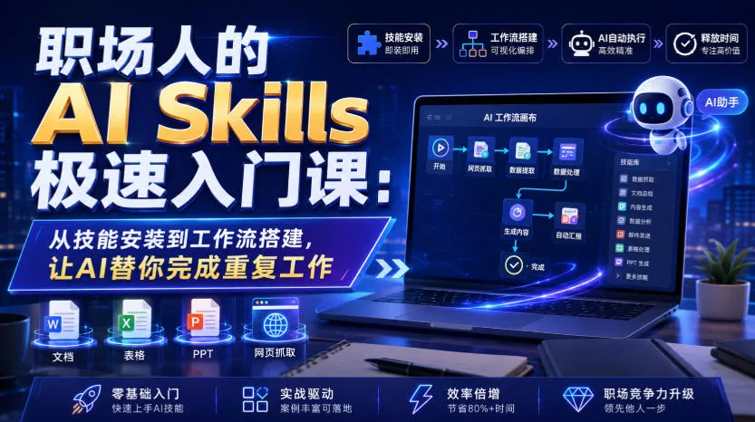 职场人的AI Skills极速入门课：从技能安装到工作流搭建，让AI替你完成重复工作-聚码资源