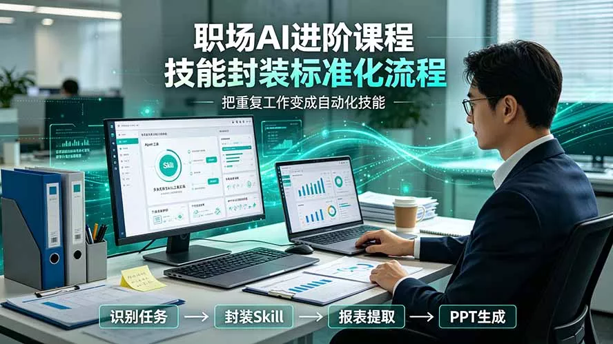 职场AI进阶课程；多类实用Skill工具实操，专属技能封装标准化流程，报表行业报告一键提取核心内容-聚码资源
