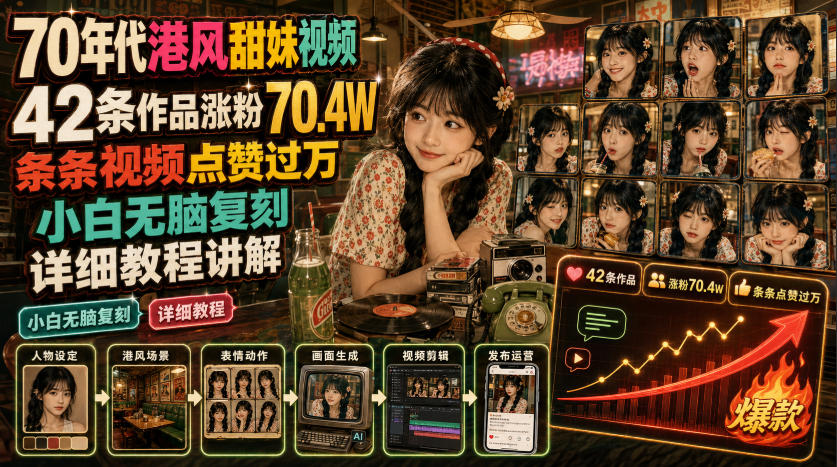 70年代港风甜妹视频，42条作品涨粉70.4W，条条视频点赞过万，小白无脑复刻，详细教程讲解-聚码资源