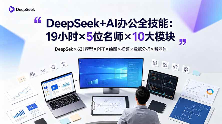 （19411期）DeepSeek+AI办公全技能：19小时×5位名师×10大模块，DeepSeek×631模型×PPT×绘图×视频×数据分析×智能体-聚码资源