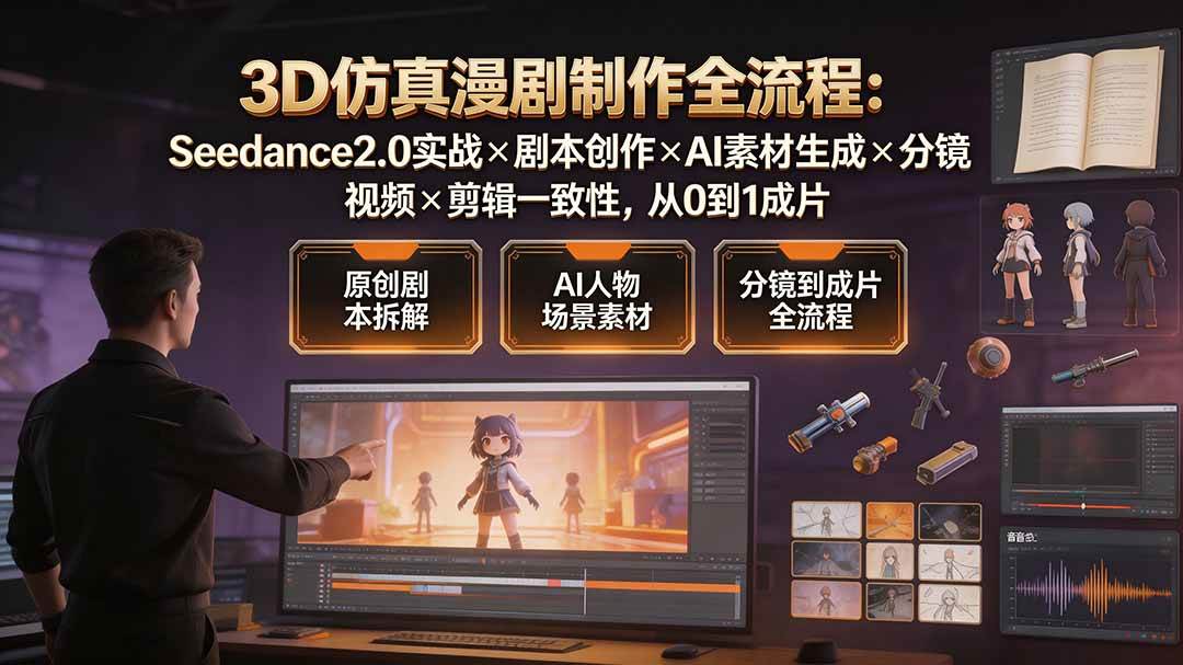 （19341期）3D仿真漫剧制作全流程：Seedance2.0实战×剧本创作×AI素材生成×分镜视频×剪辑一致性，从0到1成片-聚码资源