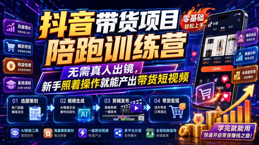 抖音带货项目陪跑训练营，无需真人出镜，新手照着操作就能产出带货短视频-聚码资源