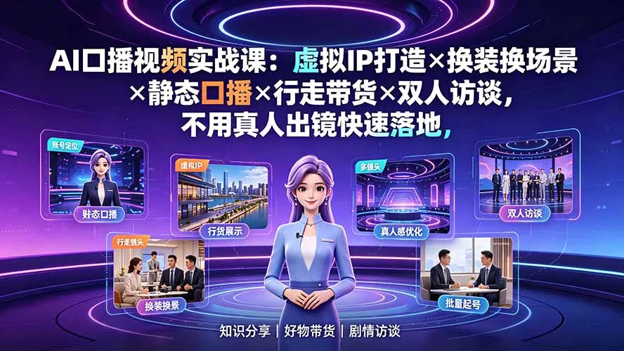 AI口播视频实战课：虚拟IP打造×换装换场景×静态口播×行走带货×双人访谈，不用真人出镜快速落地-聚码资源