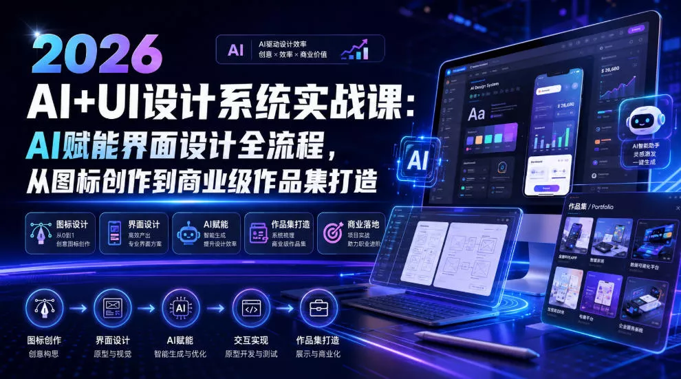 2026 AI+UI设计系统实战课：AI赋能界面设计全流程，从图标创作到商业级作品集打造-聚码资源